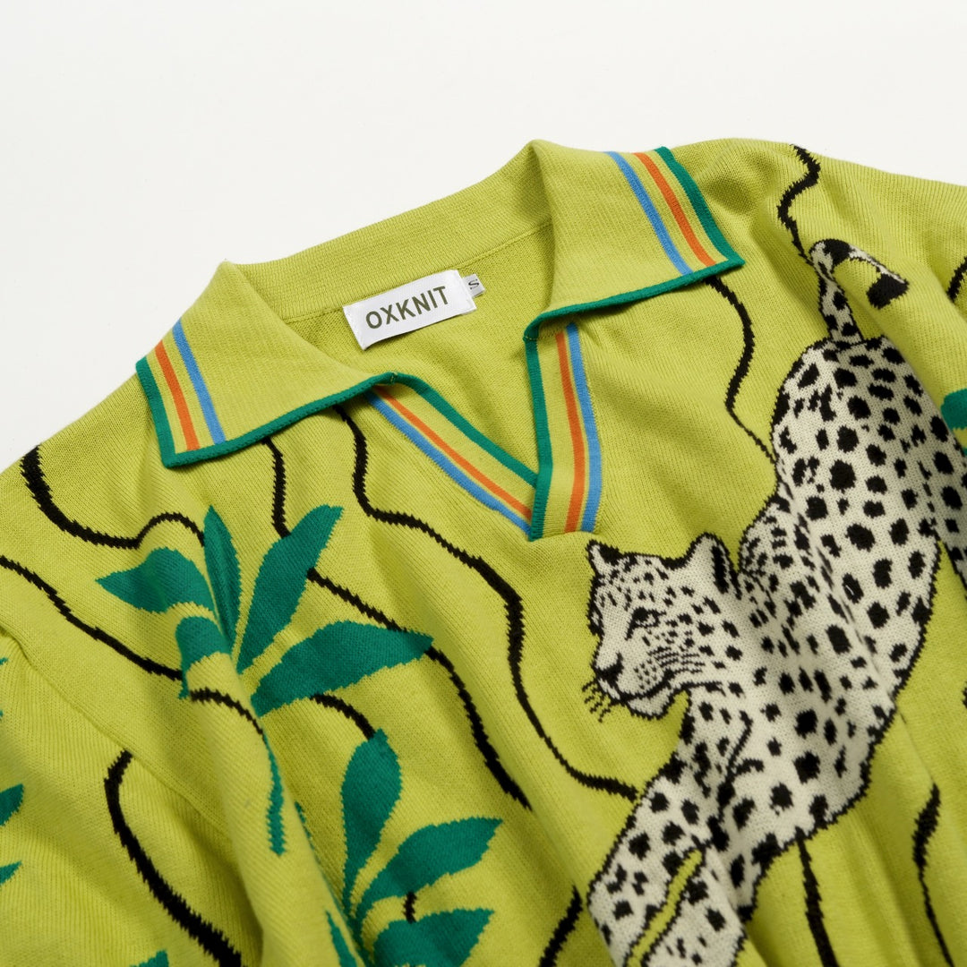 Herren Grünes 70er Tropical Vacation Style Strick-Poloshirt