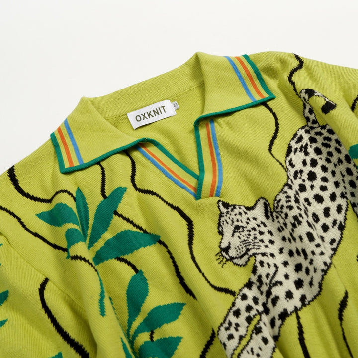 Herren Grünes 70er Tropical Vacation Style Strick-Poloshirt