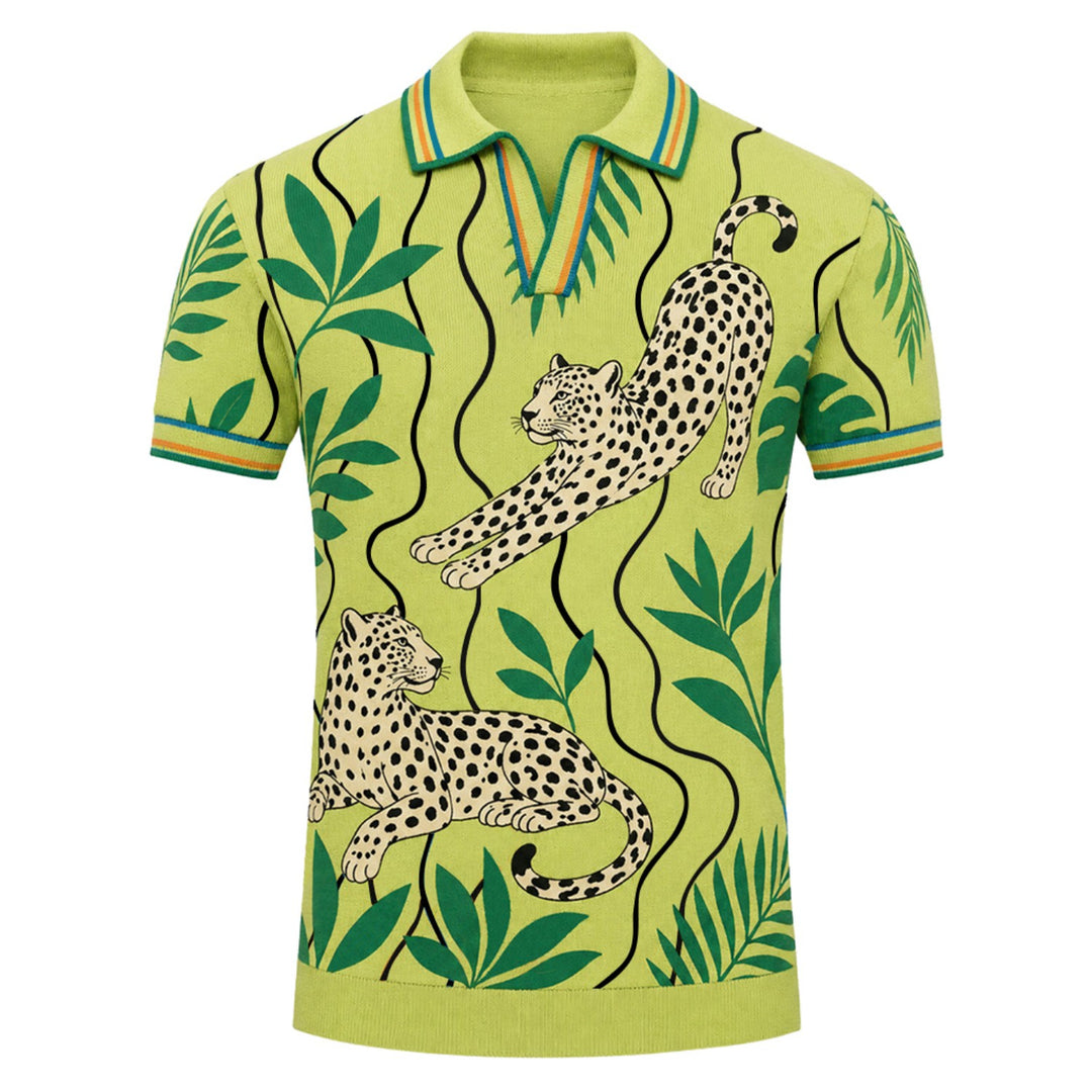 Camiseta de punto jacquard con paisaje azul oscuro para hombre)