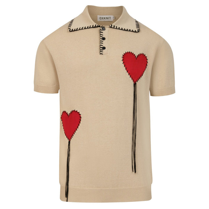 Khaki Herren Vintage Patchwork Strick-Poloshirt mit Kragen, handgefertigt