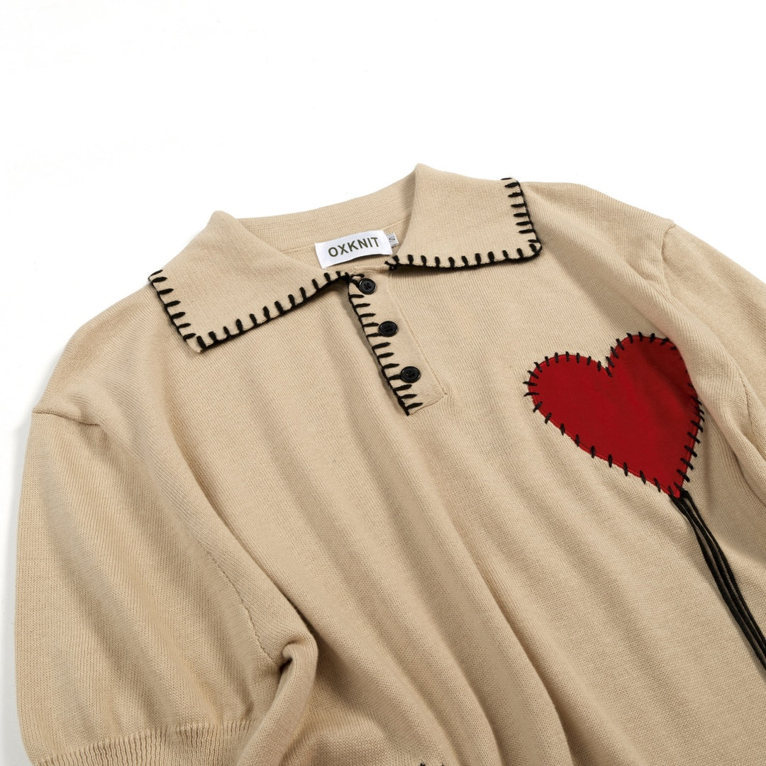 Khaki Herren Vintage Patchwork Strick-Poloshirt mit Kragen, handgefertigt