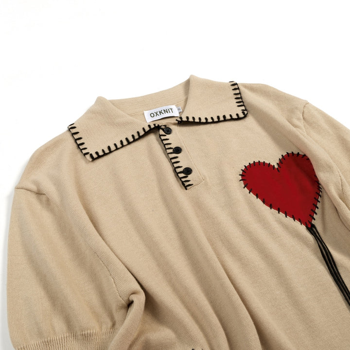 Khaki Herren Vintage Patchwork Strick-Poloshirt mit Kragen, handgefertigt