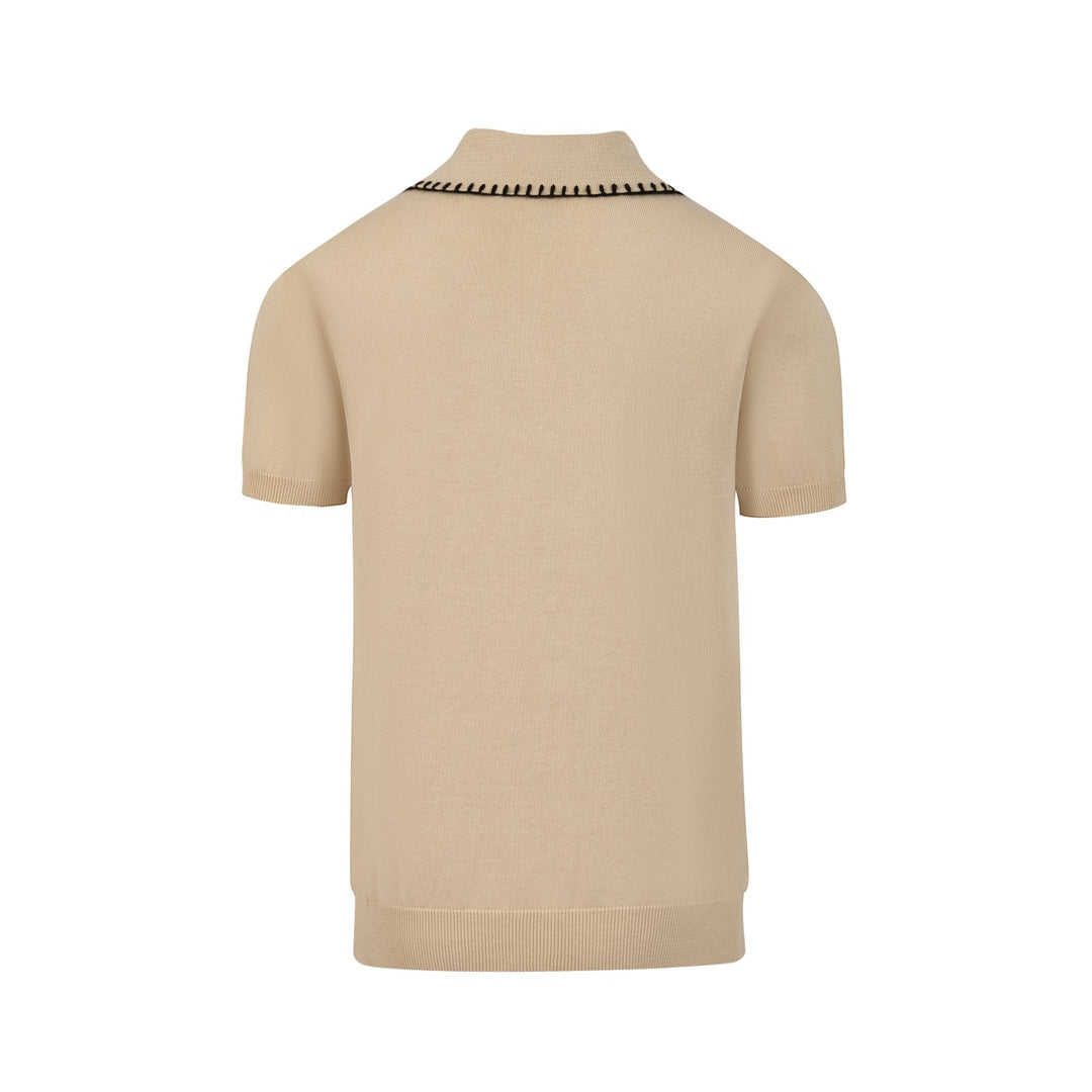Khaki Herren Vintage Patchwork Strick-Poloshirt mit Kragen, handgefertigt