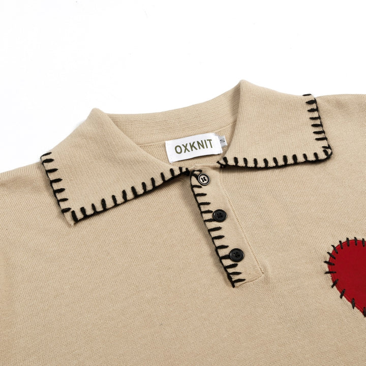 Khaki Herren Vintage Patchwork Strick-Poloshirt mit Kragen, handgefertigt