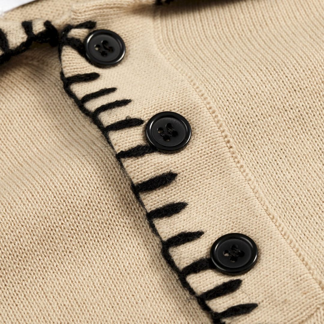 Khaki Herren Vintage Patchwork Strick-Poloshirt mit Kragen, handgefertigt