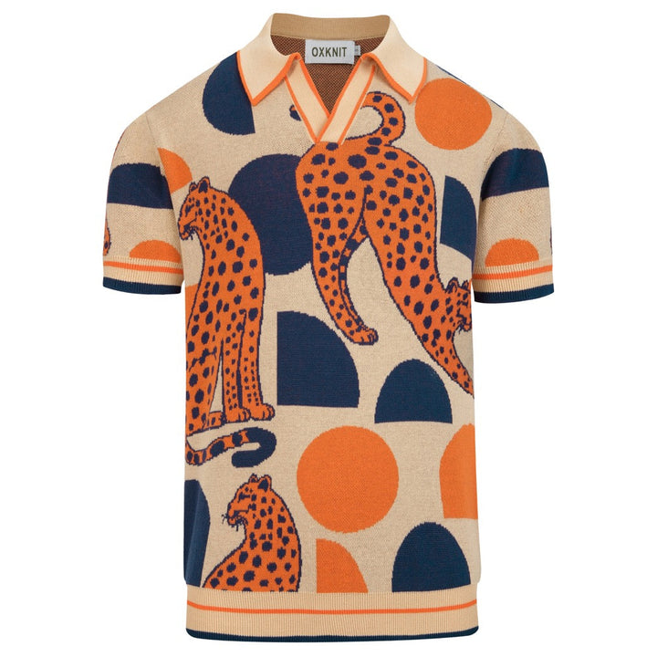 Herren 70er Psychedelic Resort Grafik Strick-Poloshirt