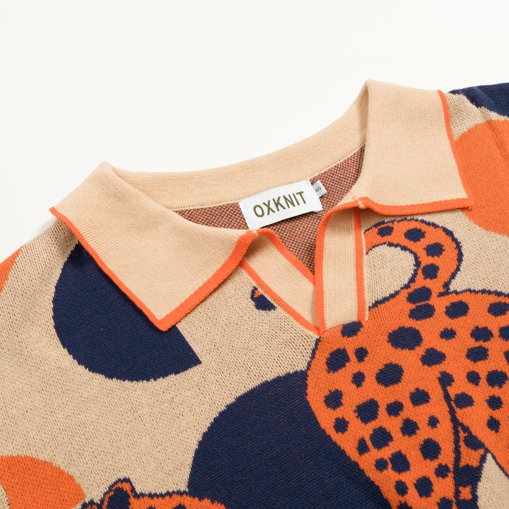 Herren 70er Psychedelic Resort Grafik Strick-Poloshirt