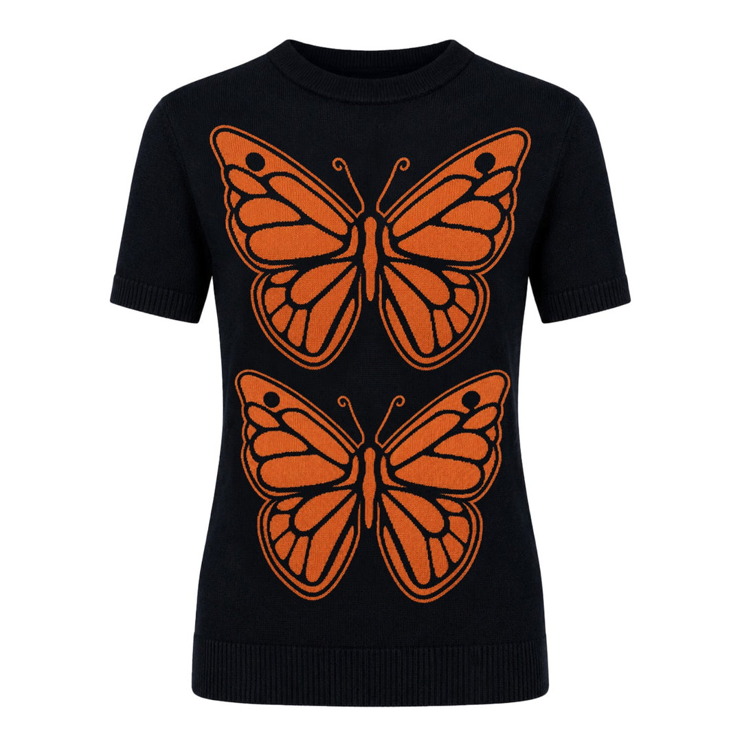 Bruin gestreept jacquardgebreid T-shirt voor dames