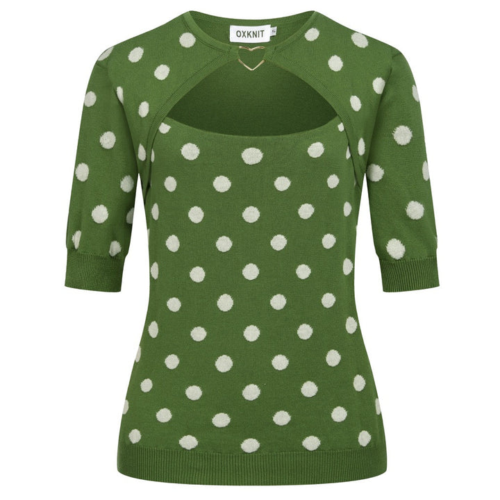 Women’s 70s Green Polka Dot Jacquard Knit Short Sleeve T-Shirt