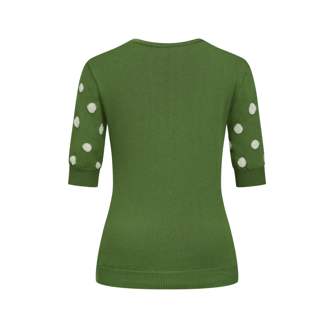 Women’s 70s Green Polka Dot Jacquard Knit Short Sleeve T-Shirt