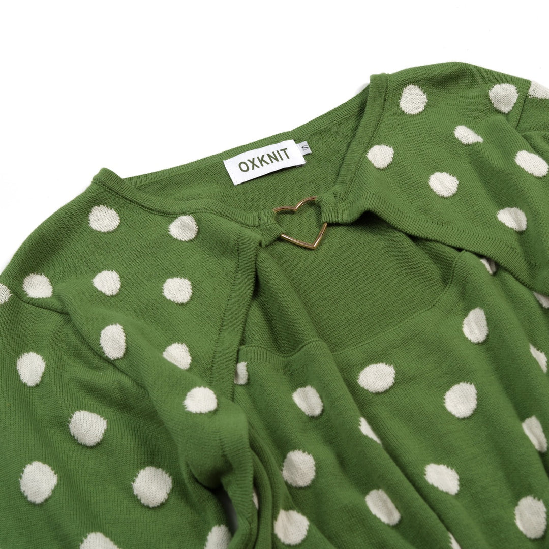 Women’s 70s Green Polka Dot Jacquard Knit Short Sleeve T-Shirt