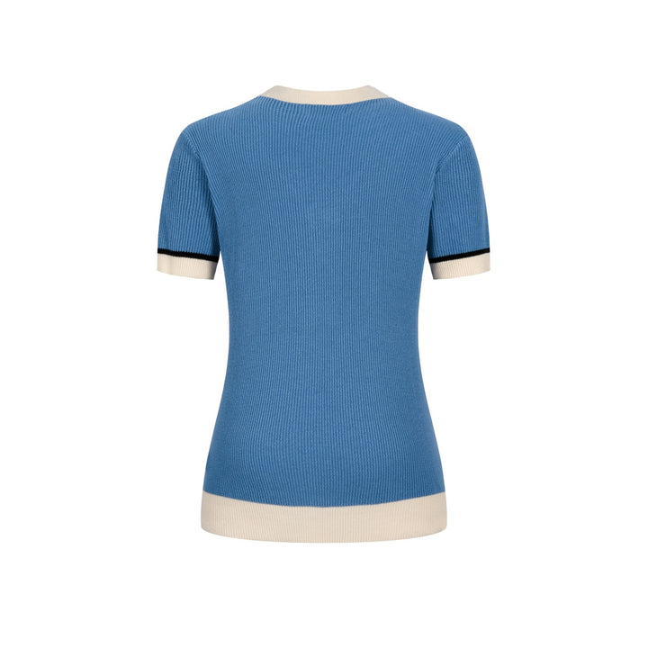Γυναικείο Μπλε Πλεκτό T-Shirt με Κοντό Μανίκι, Ναυτικό Στυλ 70s