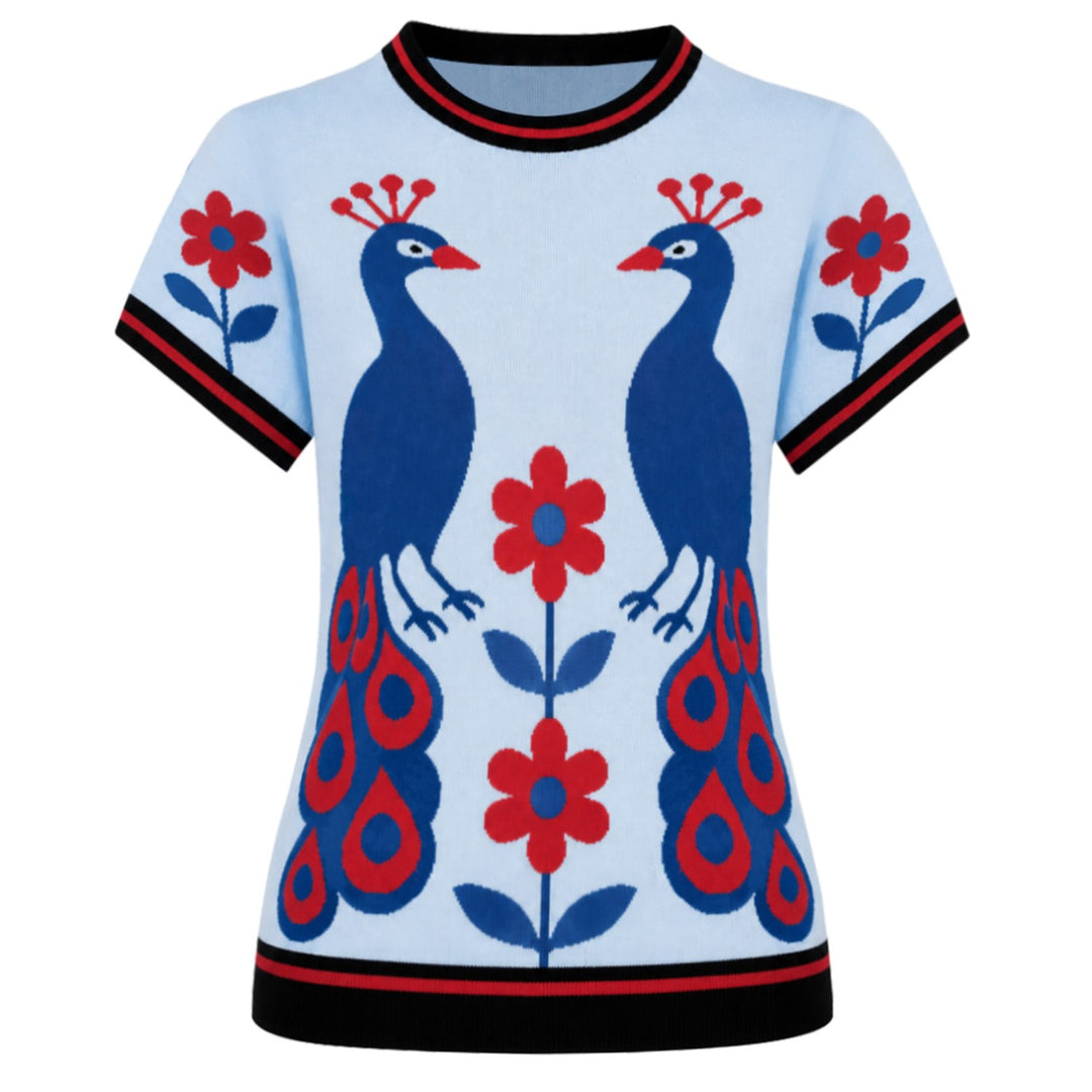 Camiseta feminina preta Bee Jacquard vintage tricotada com decote em V