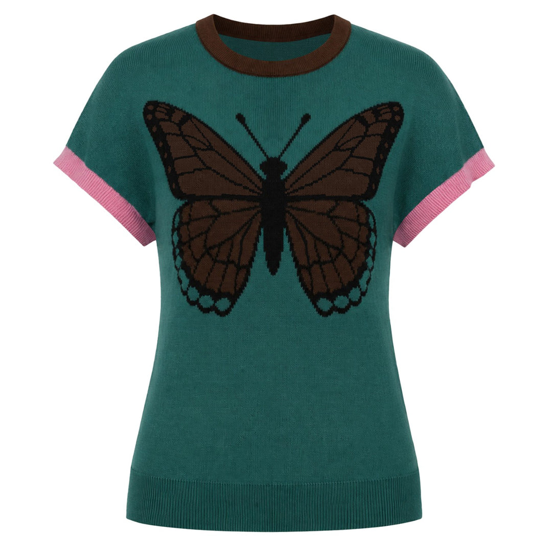 Women’s Green Butterfly Jacquard Dolman Sleeve Knit T-Shirt