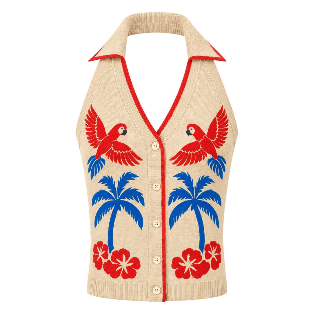 Top a canotta lavorato a maglia da donna, color albicocca, con motivo botanico tropicale jacquard