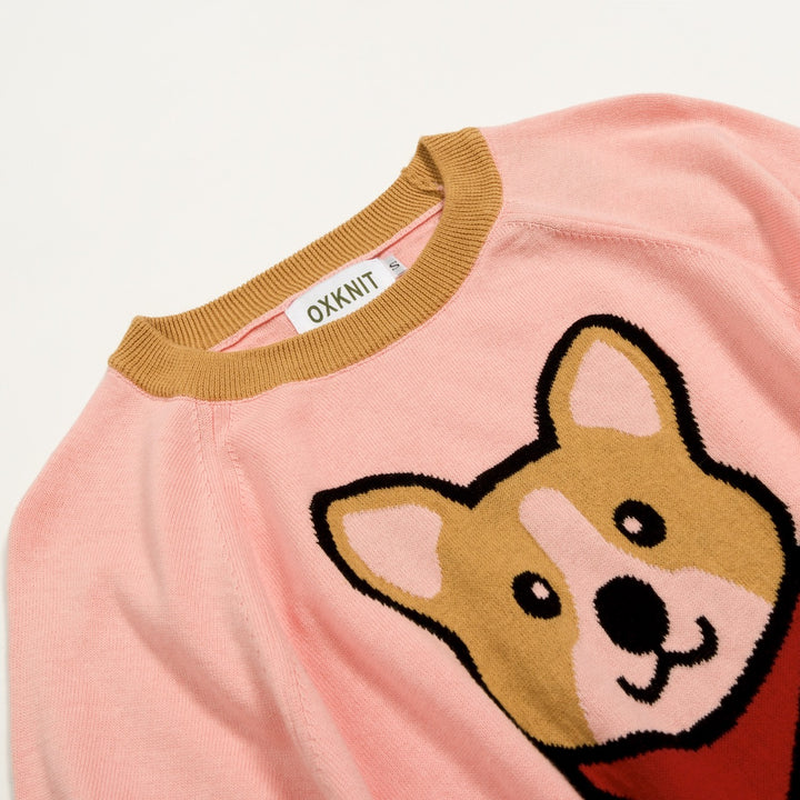 Dame Pink Jacquard Puppy Strik T-shirt - Kort længde