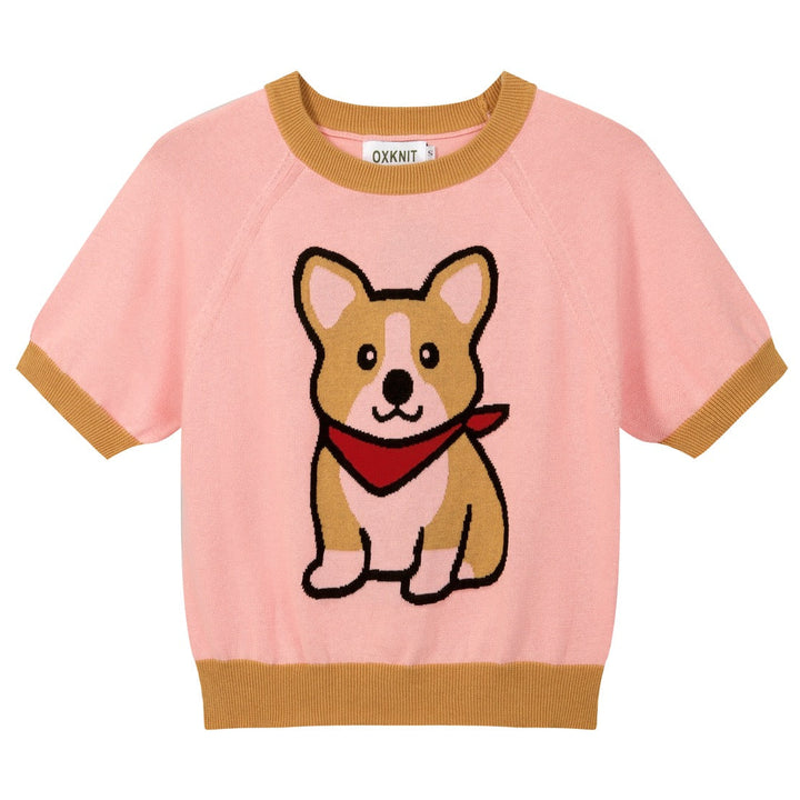 Dame Pink Jacquard Puppy Strik T-shirt - Kort længde