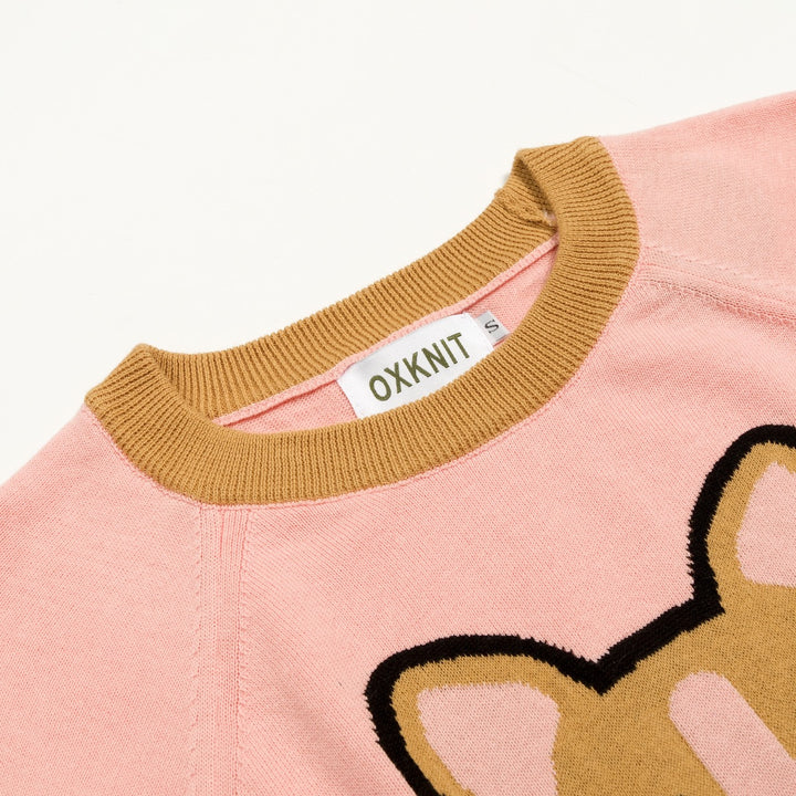 Dame Pink Jacquard Puppy Strik T-shirt - Kort længde