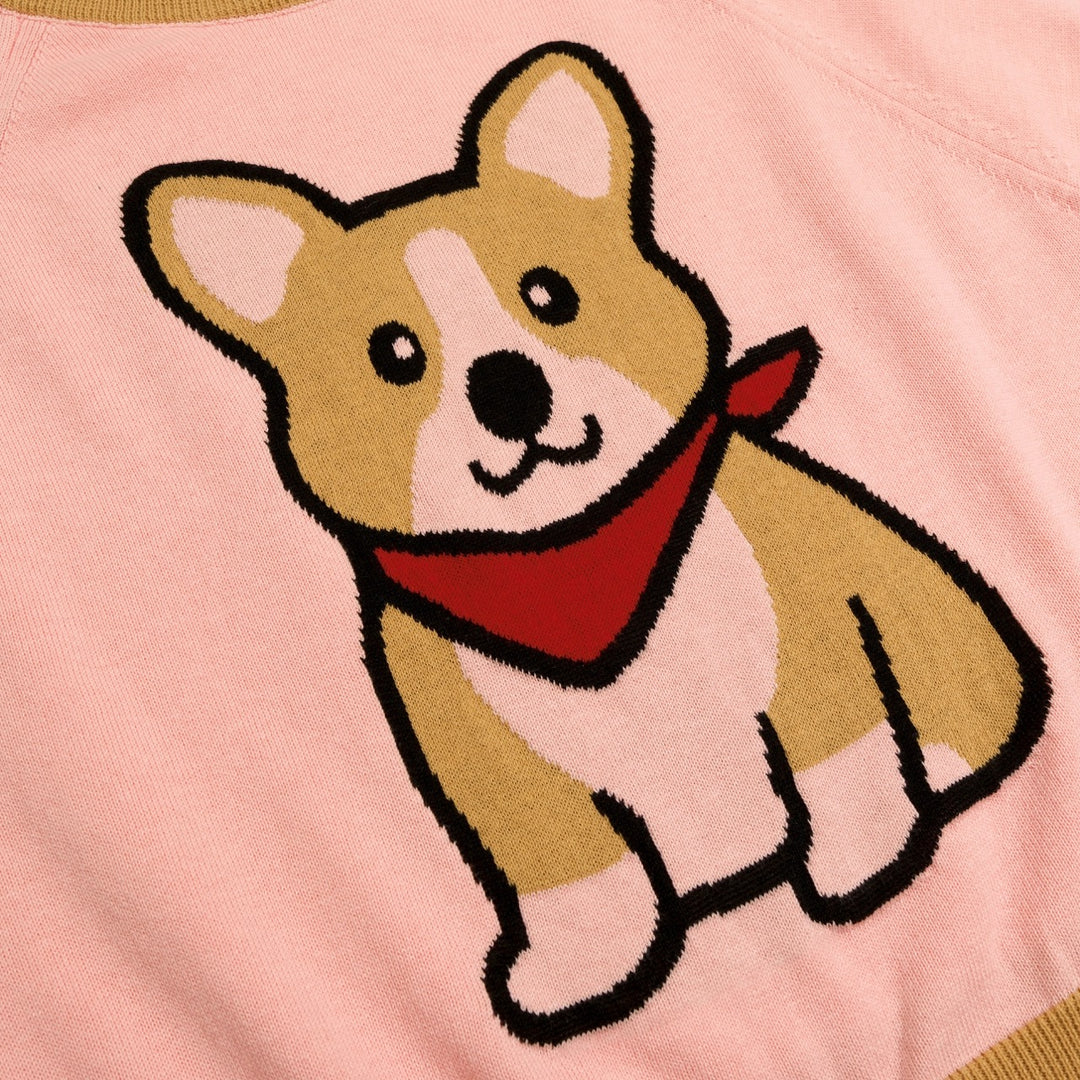 Dame Pink Jacquard Puppy Strik T-shirt - Kort længde