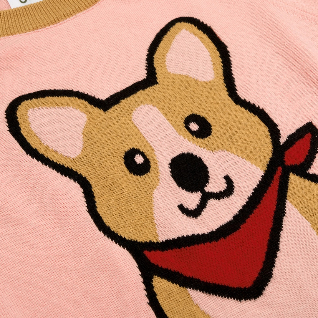 Dame Pink Jacquard Puppy Strik T-shirt - Kort længde