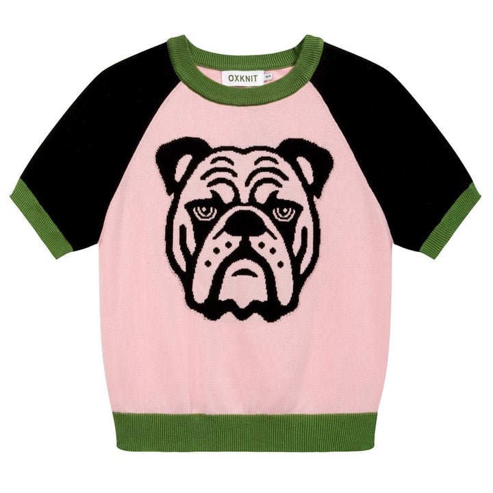 Dames Roze Retro Pop Optische Illusie Jacquard Gebreid T-shirt - Korte Lengte