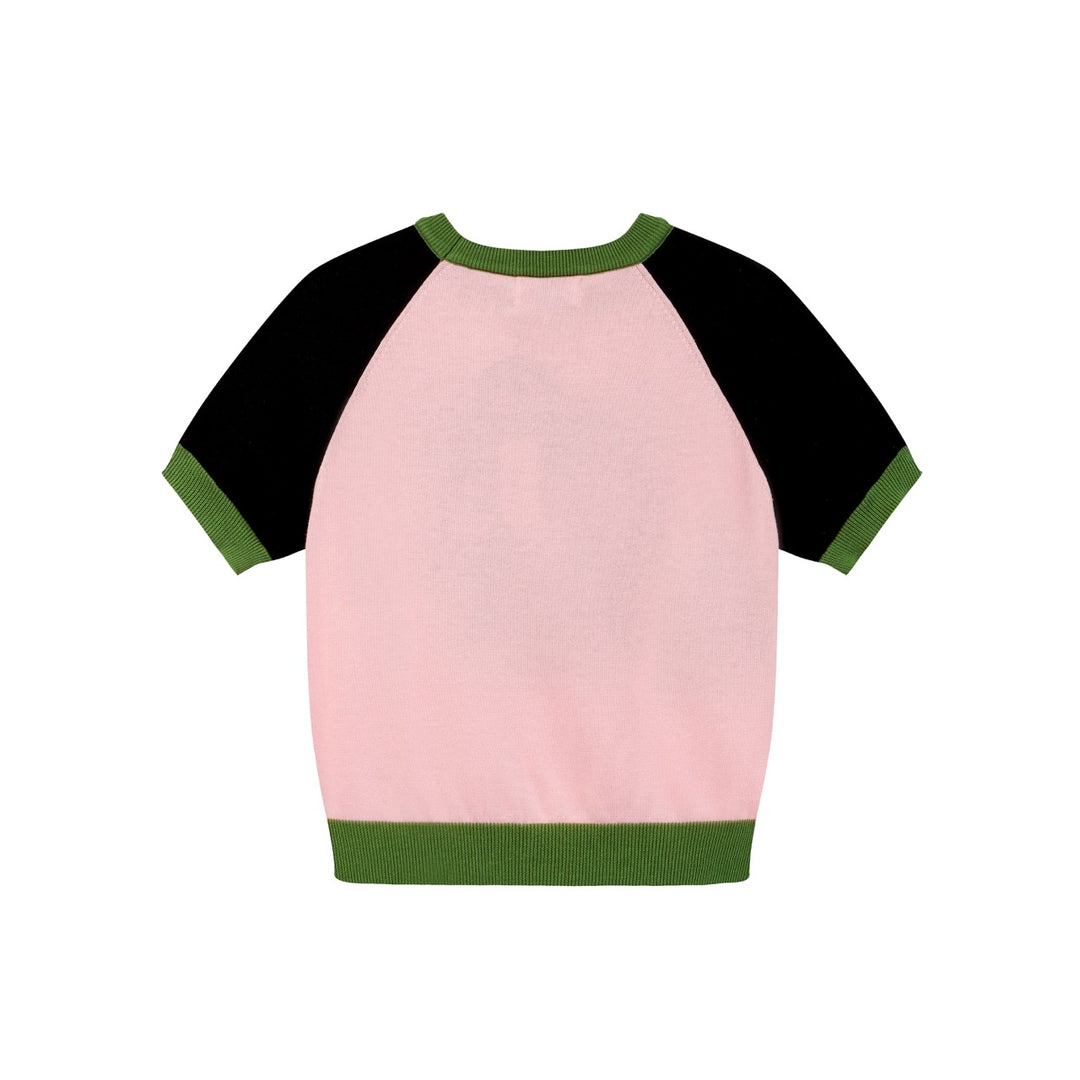 Dames Roze Retro Pop Optische Illusie Jacquard Gebreid T-shirt - Korte Lengte