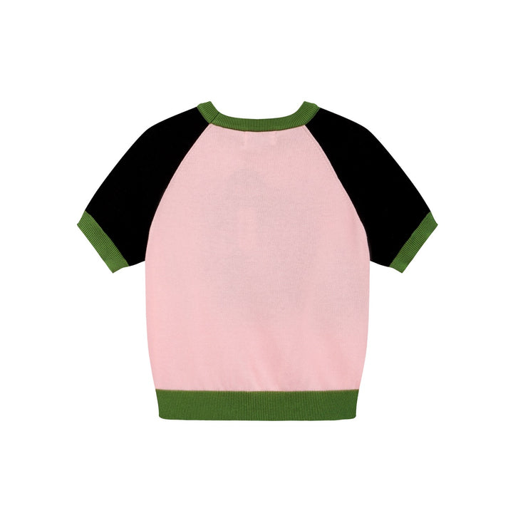 Dames Roze Retro Pop Optische Illusie Jacquard Gebreid T-shirt - Korte Lengte
