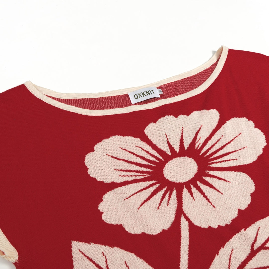 Women’s Red Minimal Abstract Floral Jacquard Knit T-Shirt - Cropped Length