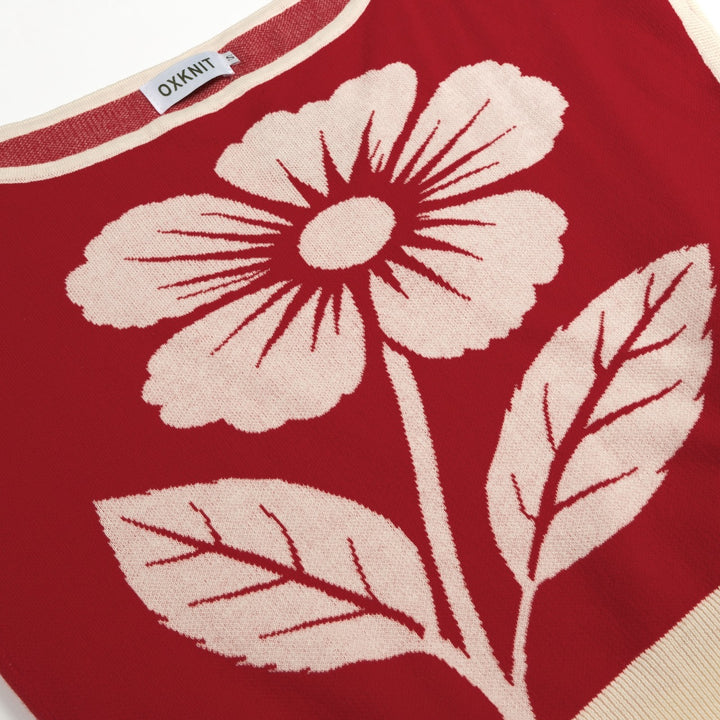 Women’s Red Minimal Abstract Floral Jacquard Knit T-Shirt - Cropped Length