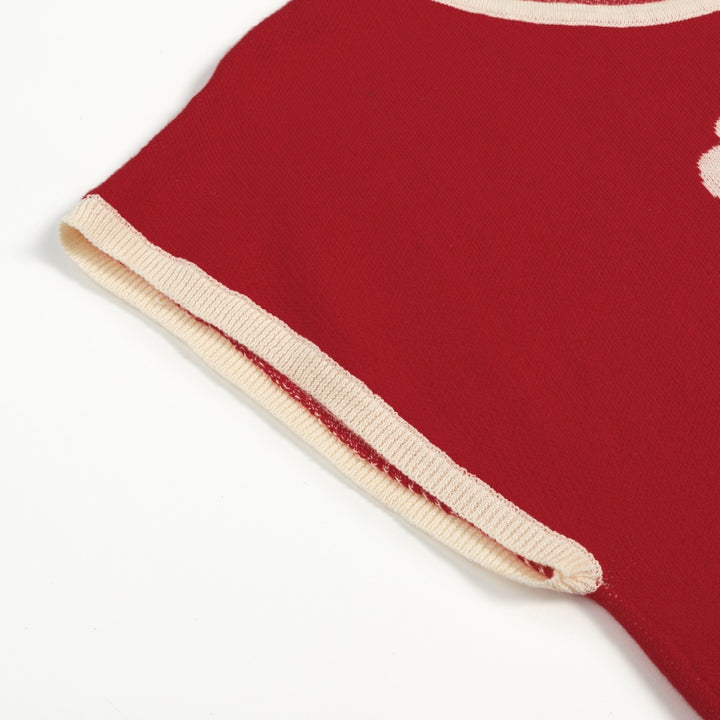 Women’s Red Minimal Abstract Floral Jacquard Knit T-Shirt - Cropped Length