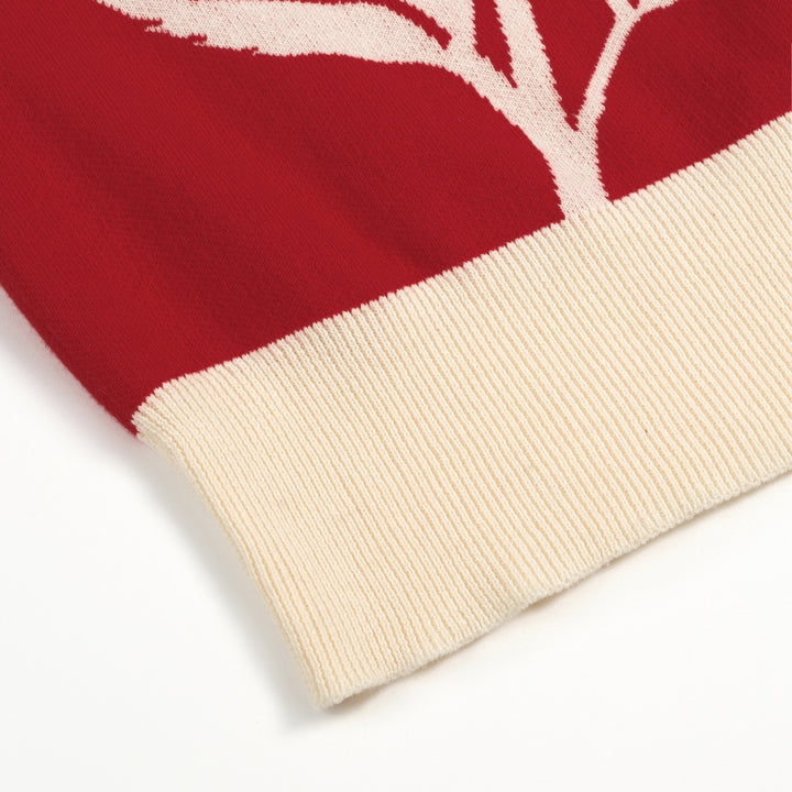 Women’s Red Minimal Abstract Floral Jacquard Knit T-Shirt - Cropped Length