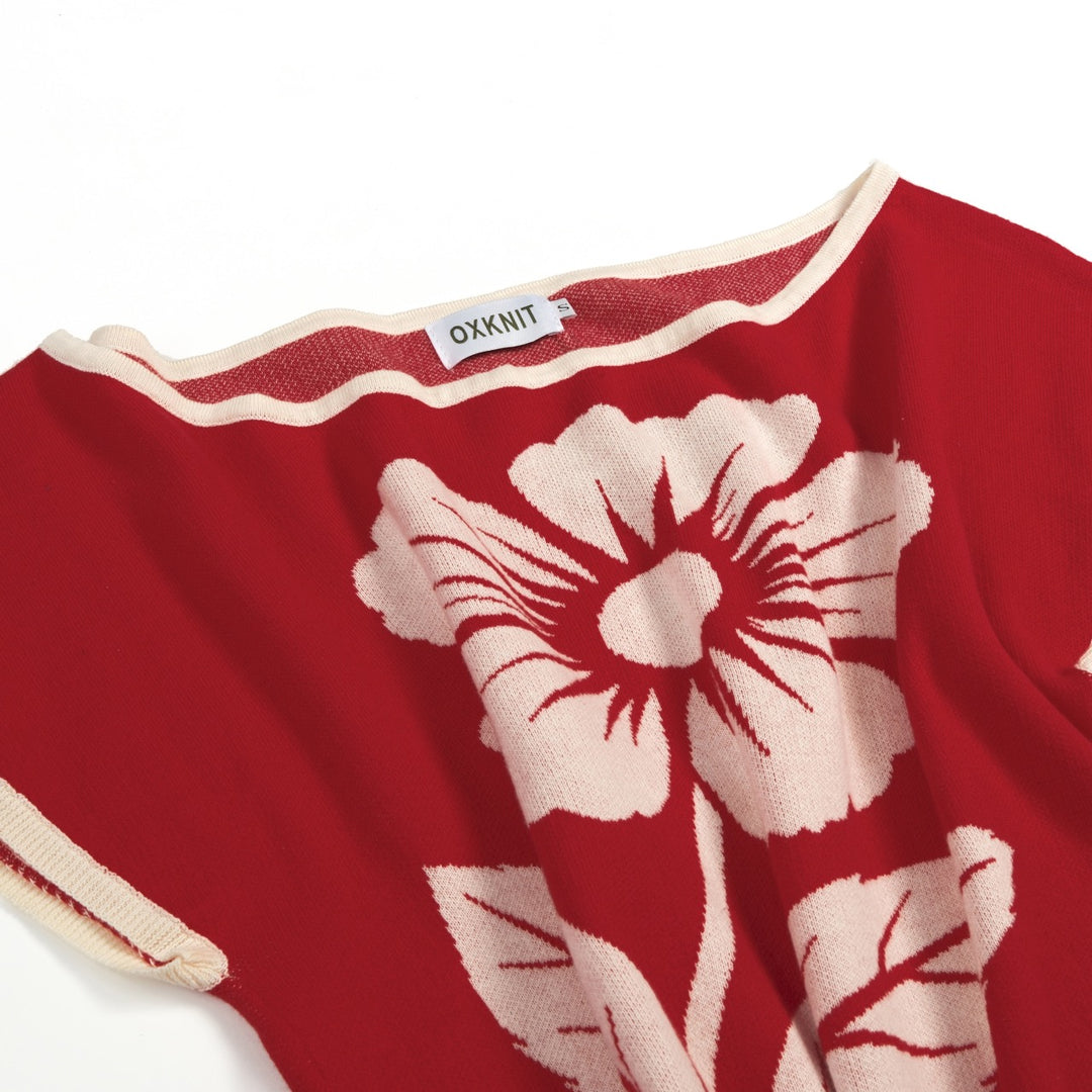 Women’s Red Minimal Abstract Floral Jacquard Knit T-Shirt - Cropped Length