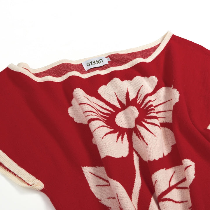 Women’s Red Minimal Abstract Floral Jacquard Knit T-Shirt - Cropped Length