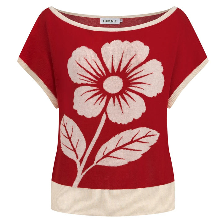 Women’s Red Minimal Abstract Floral Jacquard Knit T-Shirt - Cropped Length