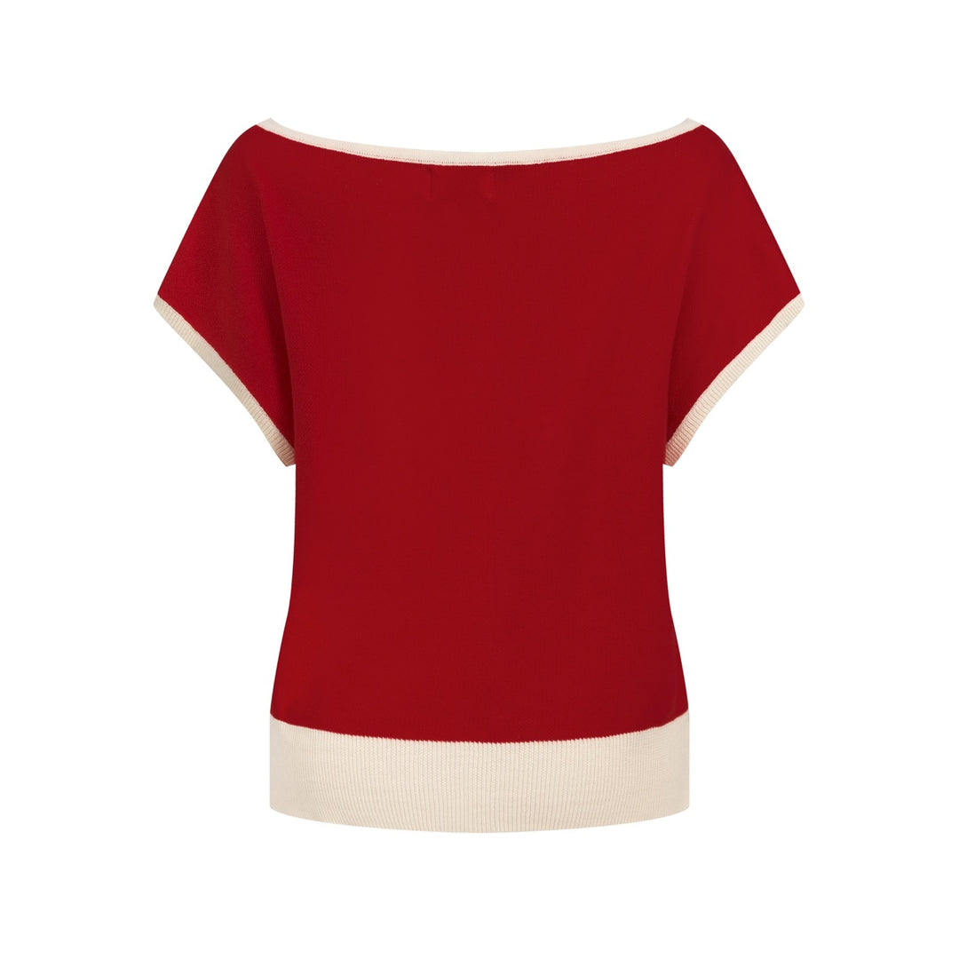 Women’s Red Minimal Abstract Floral Jacquard Knit T-Shirt - Cropped Length