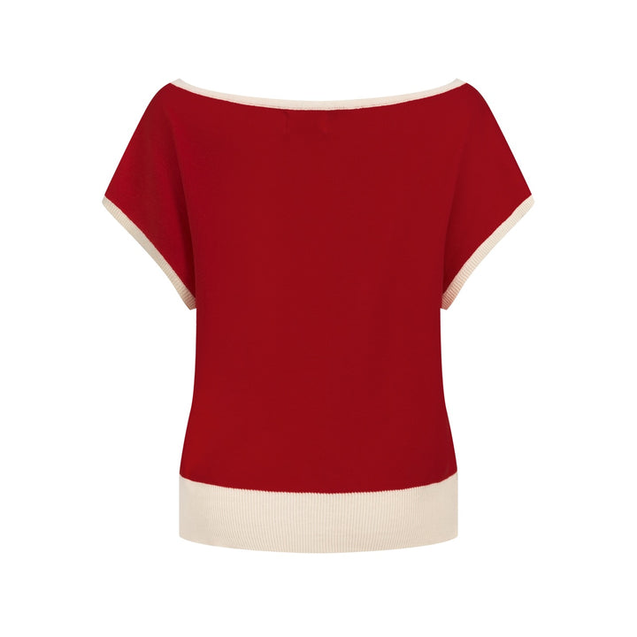 Women’s Red Minimal Abstract Floral Jacquard Knit T-Shirt - Cropped Length