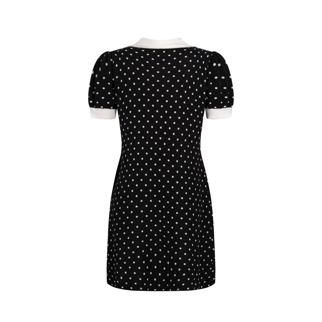 Schwarzes und weißes Damenkleid mit Polka Dots, Peter-Pan-Kragen, Taschen und kurzen Ärmeln aus Strick