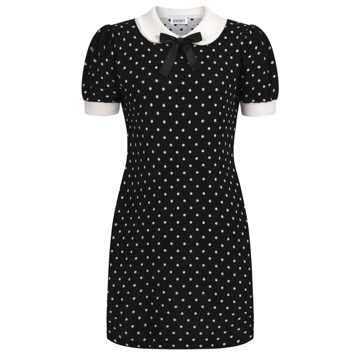 Schwarzes und weißes Damenkleid mit Polka Dots, Peter-Pan-Kragen, Taschen und kurzen Ärmeln aus Strick
