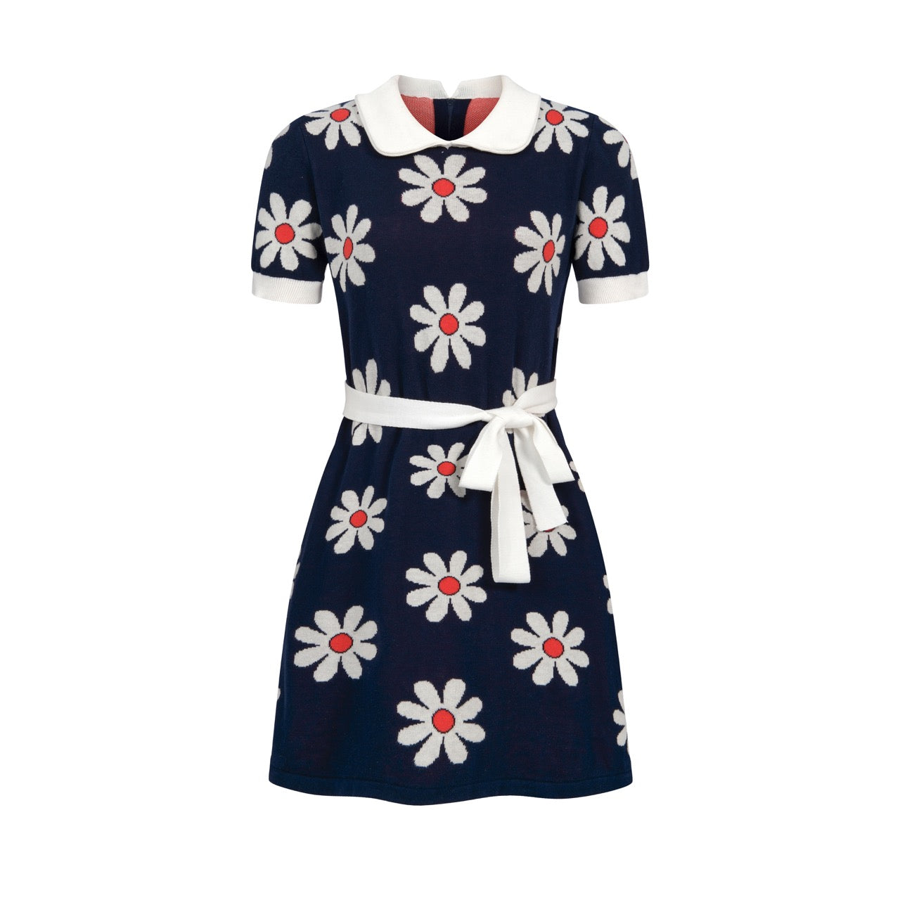 Women's Navy Blue 60s Daisy Peter Pan Collar Pocket Short Sleeve