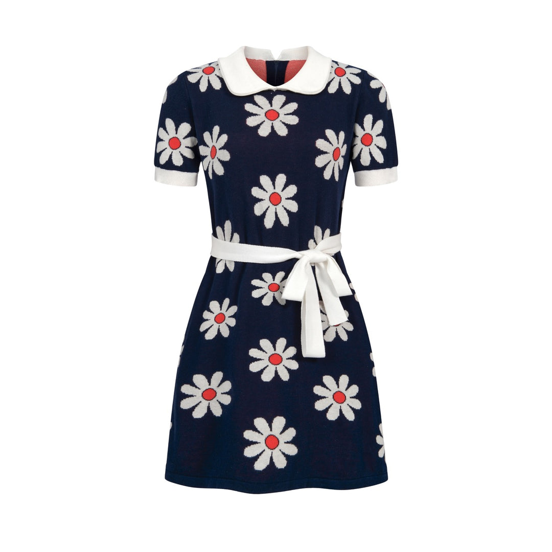 Robe tricotée bleu marine femme années 60 à col Claudine, marguerites, manches courtes et poches
