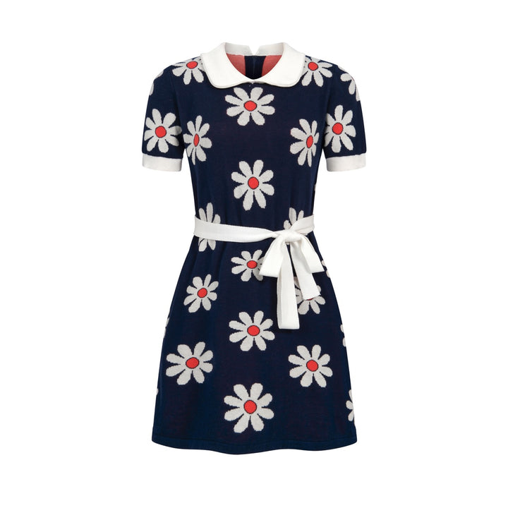 Robe tricotée bleu marine femme années 60 à col Claudine, marguerites, manches courtes et poches