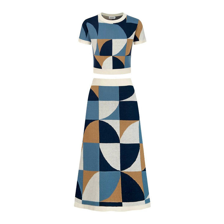 Women’s 60s MOD Geometric Color-Block Crew Neck Knit Dress Set