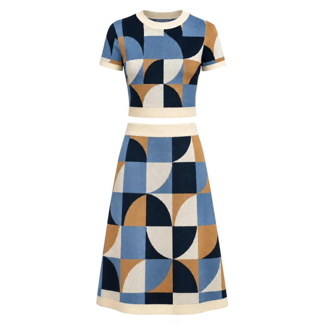 Women’s 60s MOD Geometric Color-Block Crew Neck Knit Dress Set, Colored / 2XL