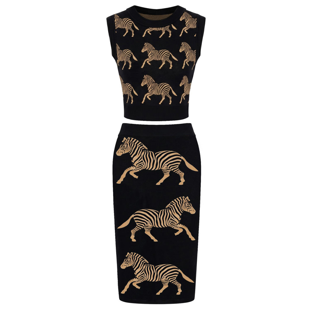 Dames Blauwe 70s Modernistische Gebreide Tankjurk Set