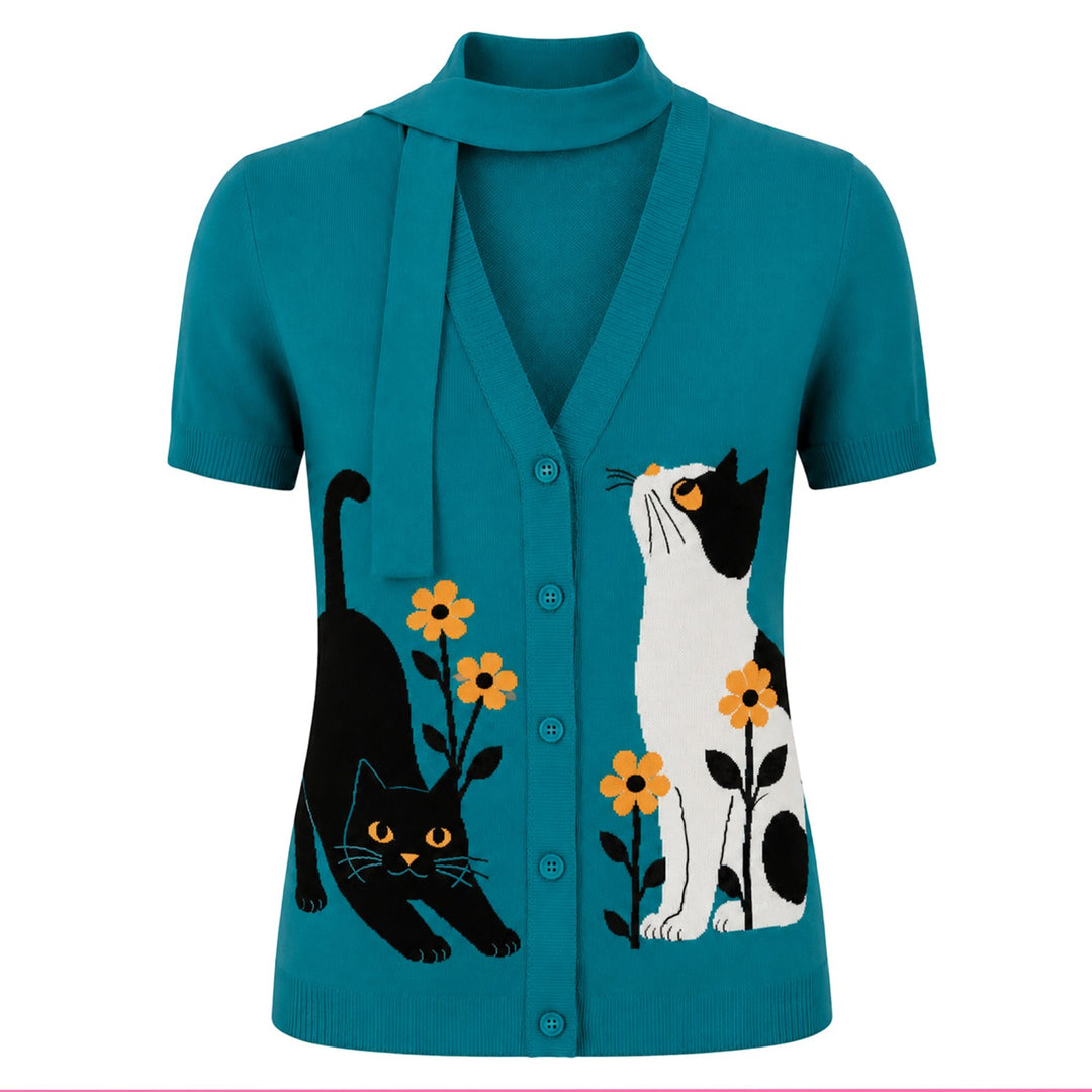 Women’s Blue Fun Retro Tie-Neck Short Sleeve Knit Cardigan