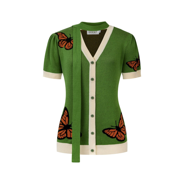 Cardigan en maille à manches courtes, style resort, vert avec papillon pour femme, à nouer devant