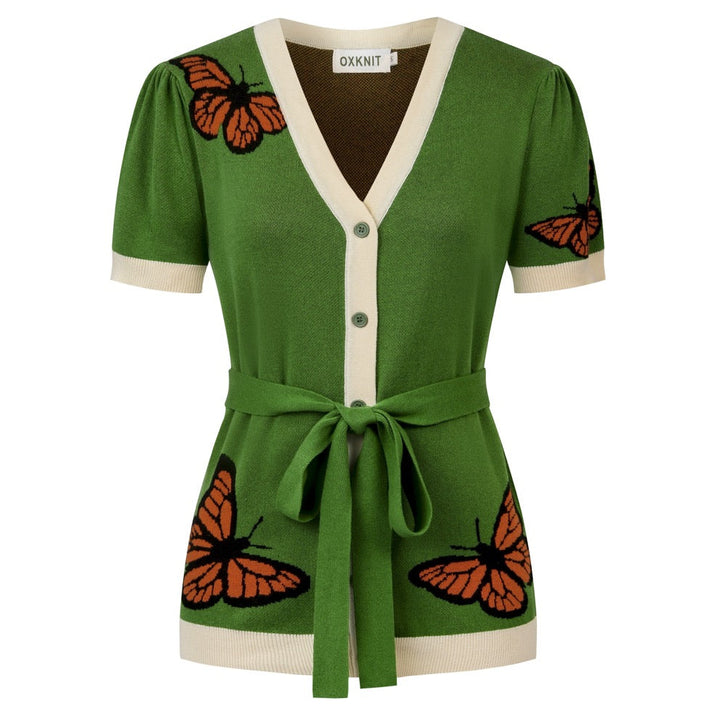 Cardigan en maille à manches courtes, style resort, vert avec papillon pour femme, à nouer devant