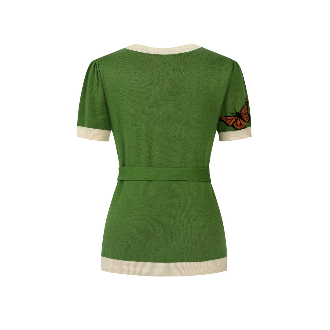 Cardigan en maille à manches courtes, style resort, vert avec papillon pour femme, à nouer devant