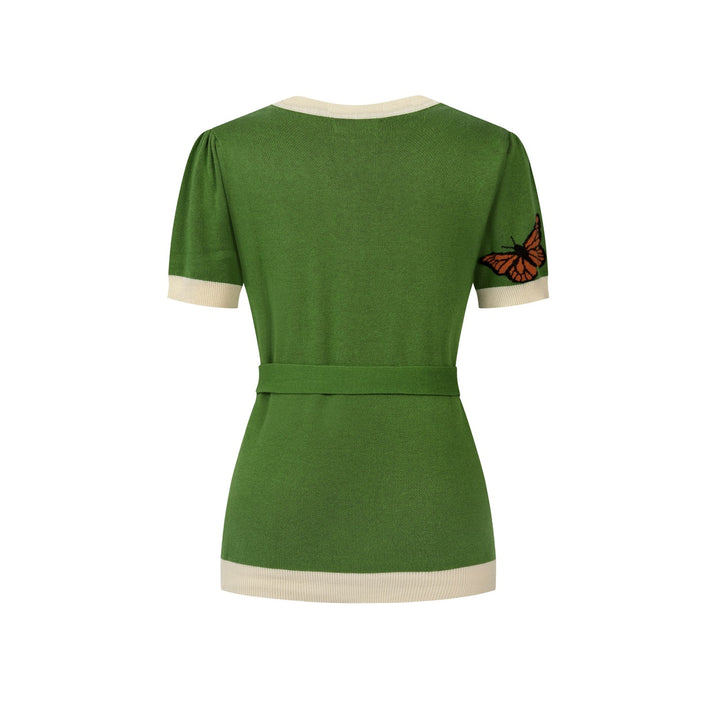 Cardigan en maille à manches courtes, style resort, vert avec papillon pour femme, à nouer devant