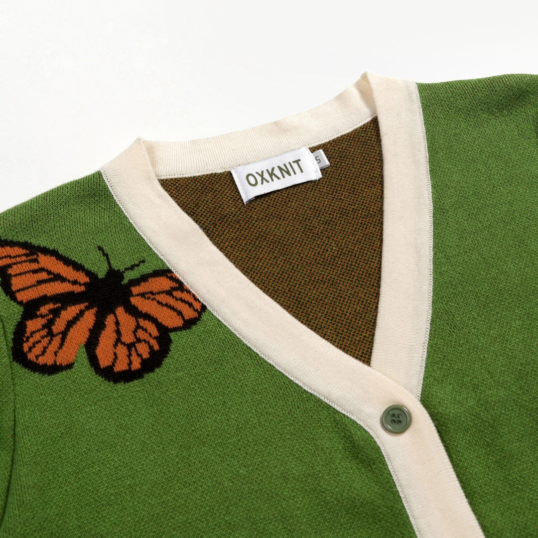 Cardigan en maille à manches courtes, style resort, vert avec papillon pour femme, à nouer devant